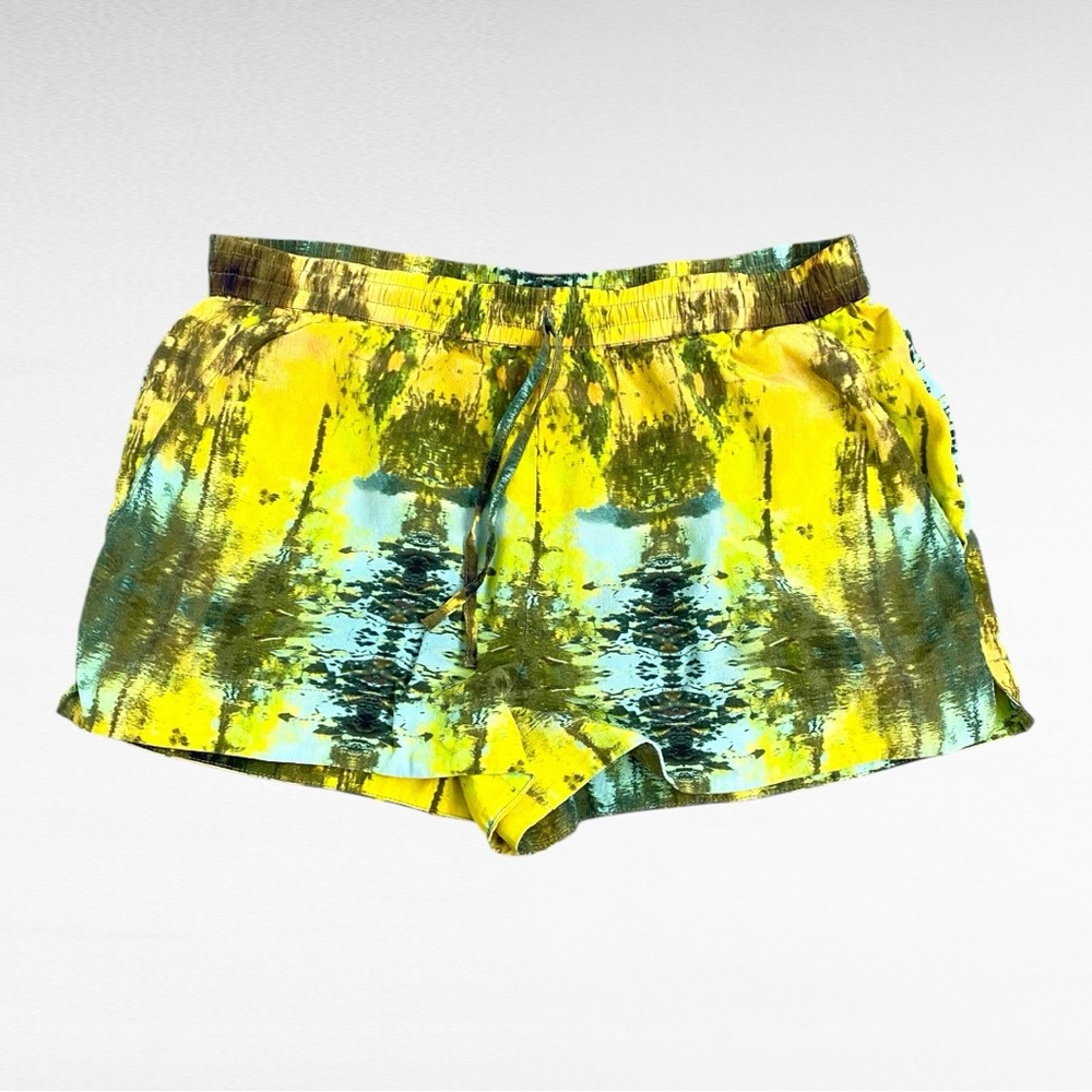 Twelfth Street By Cynthia Vincent | Vibrant Yellow & Moss Artsy EDM Silk Shorts